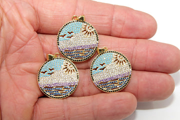 CZ Micro Pave Beach Scene Pendant, Gold Tropical Ocean Waves #878, Birds